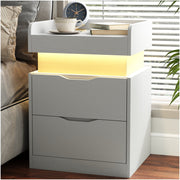 IDEALSOUL Nightstand Set of 2 with Multifunctional Charging Station, LED Lighting with 22 Dynamic Modes, 3 Hidden Drawers, White MDF, Modern Design, CTG001