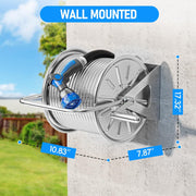 SPECILITE Stainless Steel Outdoor Hose Reel with 100ft Drinking Water Grade Hose and 6.2ft Leader Pipe, Wall and Floor Mounted, Silver