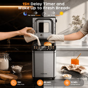 Patbrela Bread Maker Machine, 25 Preset Programs, 2LB Capacity, Stainless Steel, Brown, Digital Touchscreen, 3 Crust Colors, 3 Loaf Sizes, 15-Hour Timer, Keep Warm Function