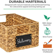 Vasgor Natural Water Hyacinth Woven Storage Basket Set, Rectangular, 12 in x 9 in x 6 in, Off-White, 6 Pack, Built-in Handles with Chalkboard Label
