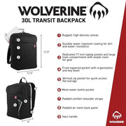Wolverine 30 Liter Transit Backpack, Water Resistant, Black, 17 Inch Laptop Sleeve, Padded Shoulder Straps, WVB4204-001