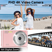 KEEPBERRY 4K Compact Digital Camera, 44MP Sensor, 16x Optical Zoom with Auto Focus, Lightweight Pink, 64GB Memory Card