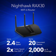 Netgear RAX29-100NAS Nighthawk AX2400 WiFi 6 Router, Black