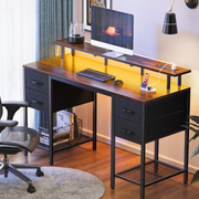 Huuger MU6C 55 Computer Desk with LED Lights & Power Outlets Industrial Home Office Desk with Drawers & Storage Shelves Corner Writing Desk Gaming Desk