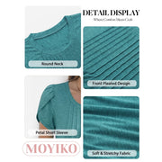 MOYIKO Women Short Sleeve Casual Top, Pleated Petal Sleeves, Scoop Neck, Loose Fit, Light Green, 2XL - 60% Polyester