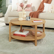Mainstays Round Modern Dowel Coffee Table with Natural Teak Finish, Wood Composite, Open Storage Shelves, 34.4 in