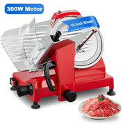 FOHERE Electric Meat Slicer, 300W Motor, 10-Inch Chromium-Plated Steel Blade, Adjustable Thickness, Semi-Automatic, Red, 250A