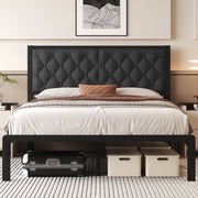 Lifezone Queen Bed Frame with Tufted Linen Upholstered Headboard, Metal Support, No Box Spring Needed, Grey