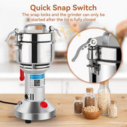 HUSGW Grain Mill Grinder, 2000W High-Speed, 750g Capacity, 304 Stainless Steel, Professional Spice and Coffee Grinder, Silver, T740-US