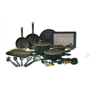 Thyme & Table 32-Piece Aluminum Ceramic Non-Stick Cookware Set, Toxin-Free Coating, Ergonomic Soft-Touch Handles with Gold Accents, Oven Safe, Black or Green