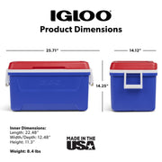 Igloo Laguna 48 QT Hard Sided Ice Chest Cooler, Cool Riser Technology, Ultratherm Foam Insulation, Blue Red White