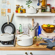 Made By Gather 29489 Beautiful 12-Piece Ceramic Nonstick Cookware Set with Strainer Lids, Gold Finish Handles, White Icing