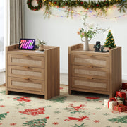 SICOTAS Boho Nightstands Set of 2, 26.57 in Tall, 3 Drawers, Rattan End Tables with Charging Station and Type-C Ports, Natural Oak
