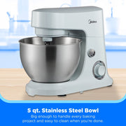 Midea MKM30130BPW 5-Quart Stand Mixer, 300W Motor, 6 Speeds, Tilt-Back Head, Stainless Steel Bowl, Blue