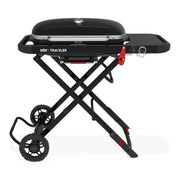 Weber Traveler Portable Gas Grill, 1 Burner, 13,000 BTU, 320 sq. in. Cooking Area, Porcelain-Enameled Lid, Cast Iron Grates, Folding Design with Wheels, Black, 1501740