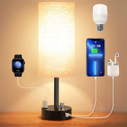 HadinEEon Bedside Table Lamp, Fully Dimmable, USB-C and USB-A Charging Ports, AC Outlet, Beige - Versatile Use