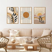 HPINUB Boho Framed Canvas Wall Art Set of 3, Mid Century Modern Nature Plants Desert Sun Paintings, 16x24 in - Art Painting