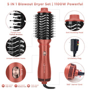 IG INGLAM AB0329-5P 5 in 1 Hair Dryer Brush Blow Dryer Brush for Women, Copper Red