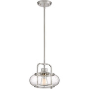 Quoizel Trilogy Mini Pendant Light, 10 Inch, Brushed Nickel, Clear Seeded Glass Shade, Dimmable, Adjustable Height, TRG1510BN