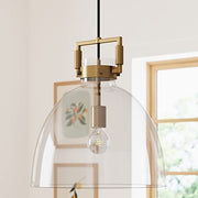 Nathan James Leigh Ceiling Light Fixture, 1-Light Pendant with Oversized Clear Glass Shade, Adjustable Cord, Vintage Brass Finish, 12203