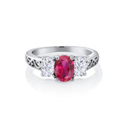 Gem Stone King Filigree Style Women's Moissaniteone Ring, 925 Sterling Silver, Red Created Ruby & White, Size 9