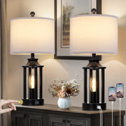 Cinkeda Modern Table Lamp Set of 2 with USB Charging Ports, 3-Way Dimmable Nightlight, Black Metal Frame, White Linen Shade, Industrial Style, 23.5 in, WMTD-485