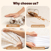 Welfibr Full Size Organic Cotton Mattress Protector, 100% Waterproof, Breathable, Noiseless Fitted Sheet with 6-18 in Deep Pocket, Ivory