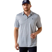 Ariat Men's All Over Print Polo Shirt, Short Sleeve, White Southwest Print, Moisture Wicking, UPF 50 Protection, 10071493