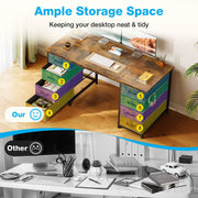 Sofanext Computer Desk, 48 Inch Vintage White, 8 Fabric Drawers, Wide Desktop, Metal Frame, Adjustable Foot Pads