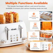 NICWIN 4 Slice Toaster with Extra-Wide Slots, Adjustable Browning Control, Defrost, Reheat, and Bagel Mode, White, WT340