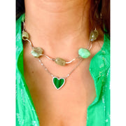 Bolufe Boutique Green Striped Heart Necklace, Sterling Silver, Adjustable Lobster Clasp