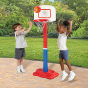 Play Day Adjustable Basketball Goal, Height 36 to 44 in, Built-In Ball Storage, Durable Plastic, Pre-Attached Net, Blue Red White