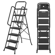 JOZ 6 Step Folding Ladder, 800lb Heavy Duty Alloy Steel, Built-In Tool Tray, Non-Slip Handrails, Anti-Slip Pedals, Black