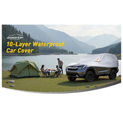 Caromop All-Weather 10-Layer Waterproof Car Cover, Brown, Full Coverage with Reflective Stripes, Fit Straps, Side Zipper Door, Storage Bag, Size T5