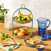 Beautiful Two-Tier Two-Tone Resin Rattan Serving Tray, Natural Brown and Coastal Blue, Lightweight Scratch-Resistant