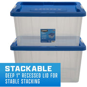 HART 68 Quart Latching Plastic Storage Bin Container Clear Base Blue Lid Set of 4 206262