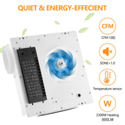 Flyingfox TFS03 Bathroom Exhaust Fan Heater Combo, 2300 Watt Heater, 150 CFM Ventilation, LED Light, Quiet 1.5 Sones, White