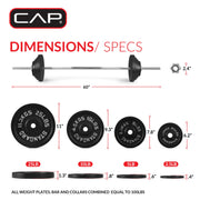 Cap Barbell 100lb Standard Cast Iron Weight Set with Thread Lock 3-Pc Bar, Black, RS2IS-100T3-TC