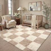 Berthmeer 8'x10' Washable Shag Area Rug, Beige Checkered Pattern, Soft Plush Carpet for Living Room Bedroom Dining Room