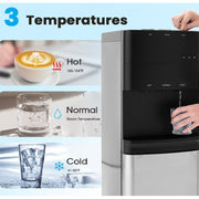 TMWINGS Bottom-loading water dispenser with cooling compressor, stainless steel body and aluminum motor, high dispensing area, and safety lock.