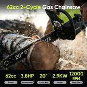 Steelite Gas Chainsaw, 62CC 2-Stroke Petrol Engine, 20-Inch Guide Bar, Handheld Cordless Design, Green
