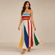 Veyora Apparel Women's Strapless Colorblock Pleated Maxi Dress, Rainbow Smocked Tube Top, Sleeveless Summer Dress