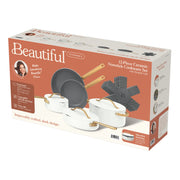 Made By Gather 29489 Beautiful 12-Piece Ceramic Nonstick Cookware Set with Strainer Lids, Gold Finish Handles, White Icing
