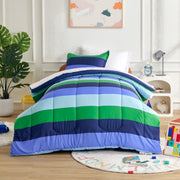 Sonive Twin Kids Comforter Set, 5 Pieces, Blue Green Rugby Stripe, Super Soft Microfiber, All-Season Cooling Bedding