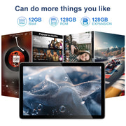 BYYBUO 10.1 Inch Android 15 Tablet Bundle with 12GB RAM, 128GB Storage, Octa-Core Processor, IPS HD Screen, Keyboard Case, Mouse, Stylus, E220
