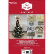 Holiday Time Champagne Christmas Tree Decorating Kit, 91-Piece Set with Fabric Bows, Metal Bows, Glitter Picks, and Ball Ornaments in Flocked, Matte, Shiny, and Glitter Finishes