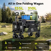 Qunler Utility Garden Wagon, Heavy-Duty Steel Frame, Oversized Tank Wheels, Large Collapsible Folding Cart with Side Pocket, Black