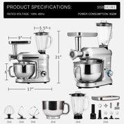 SPECSTAR 3 in 1 Multifunctional Stand Mixer with 6-Quart Stainless Steel Bowl, 650W Motor, 6-Speed Tilt-Head, Meat Grinder, Juice Blender, Silver VH292-BL