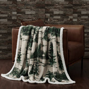 HiEnd Accents Indigo Hill Joshua Sherpa Throw Blanket Set, 3 Piece, Forest Pine Trees Nature Print, Fleece with Sherpa Backing, 54in x 68in Throw, 18in x 18in Pillows, Southwestern Style