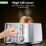 LONGDEEM T7045 4 Slice Toaster - 6 Browning Levels, Wide Slots, High Lift Lever - Silver
